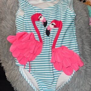 Flamingo blue & white stripe one piece bathing suit. Size 100. EUC.